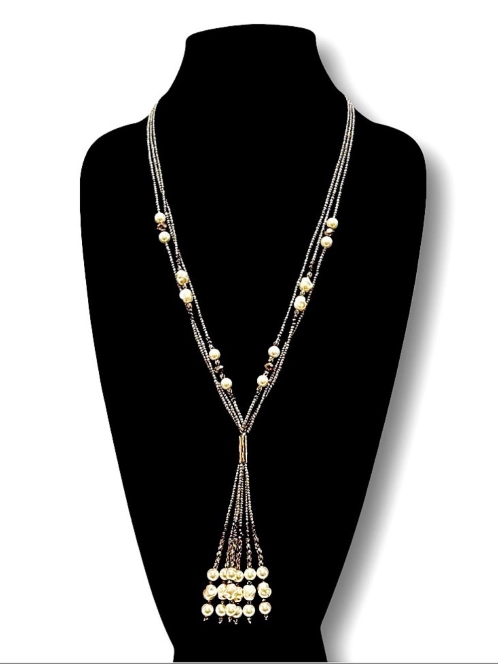 CHICO’s Silver Beaded Multi-strand Pearl Tassel necklace NWT​
